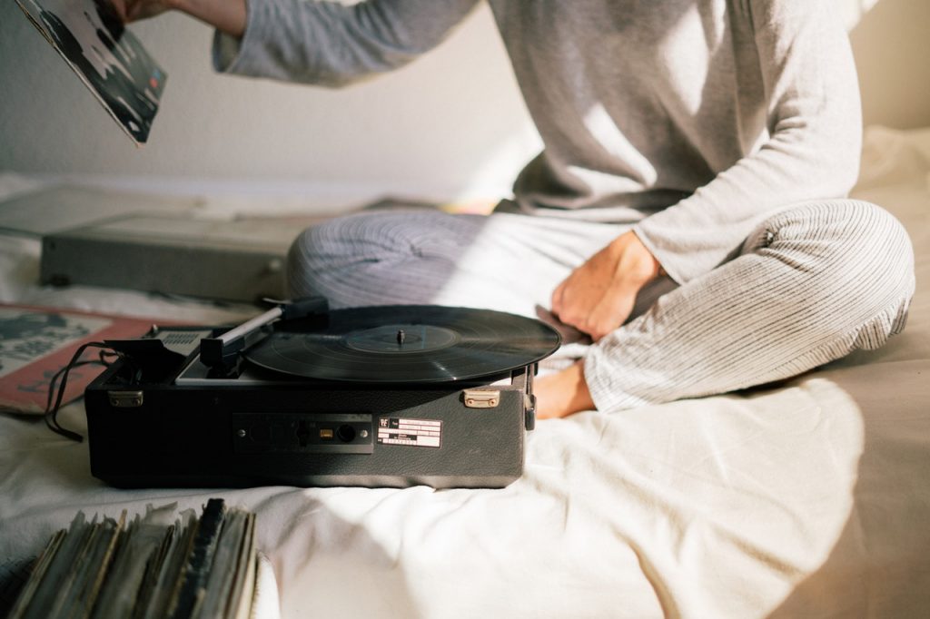 vinyl player on the bed
